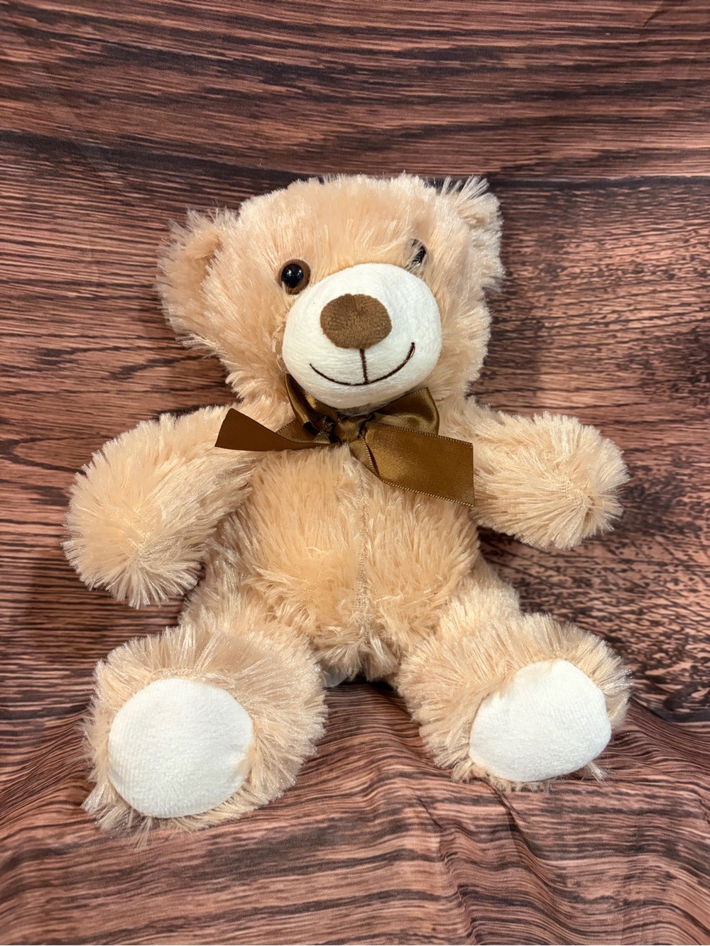 Plush Tan Teddy Bear with Brown Bow - Soft Cuddly Kids Toy